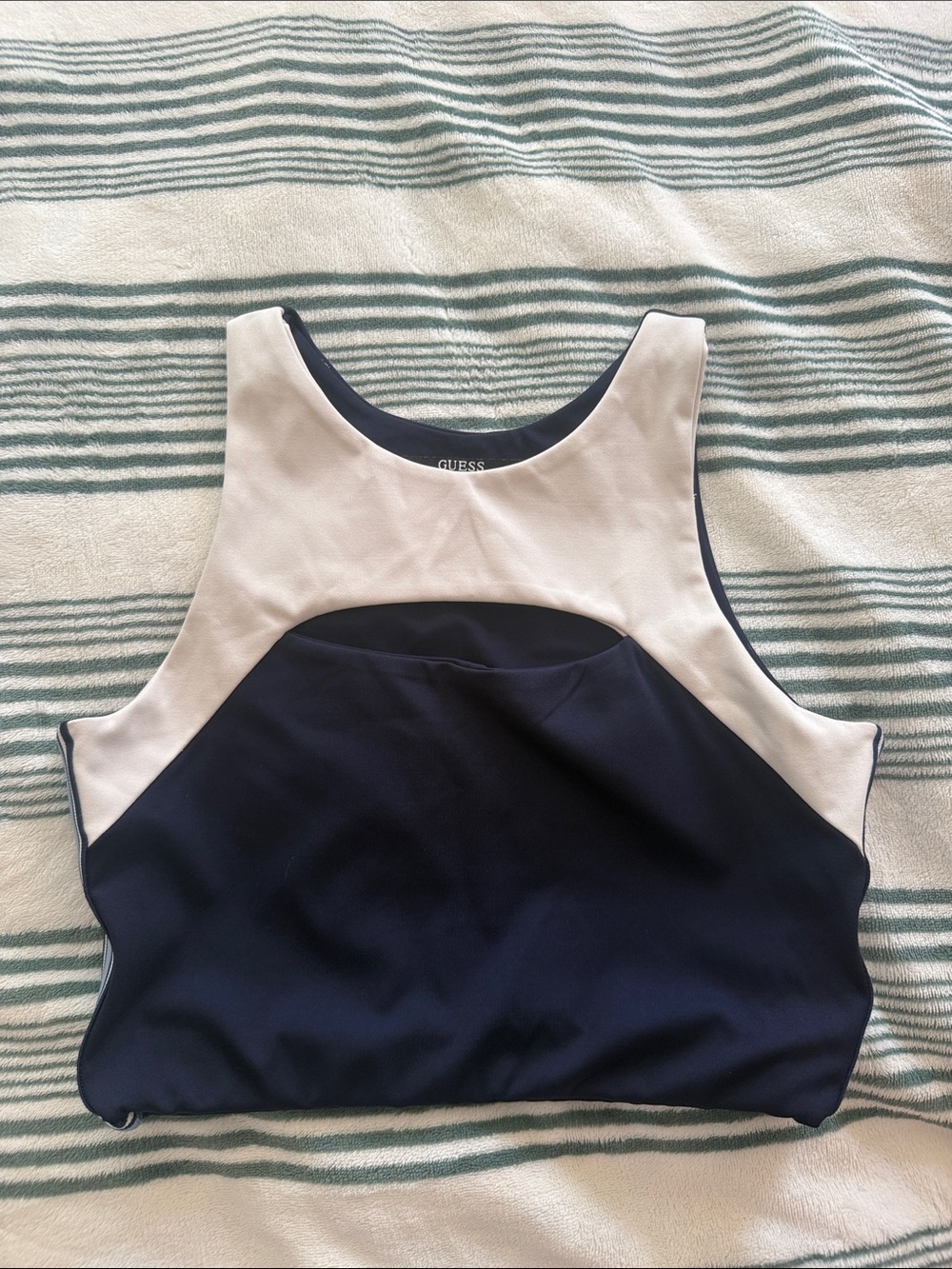 GUESS Navy and White High-Neck One-Piece Swim Top
